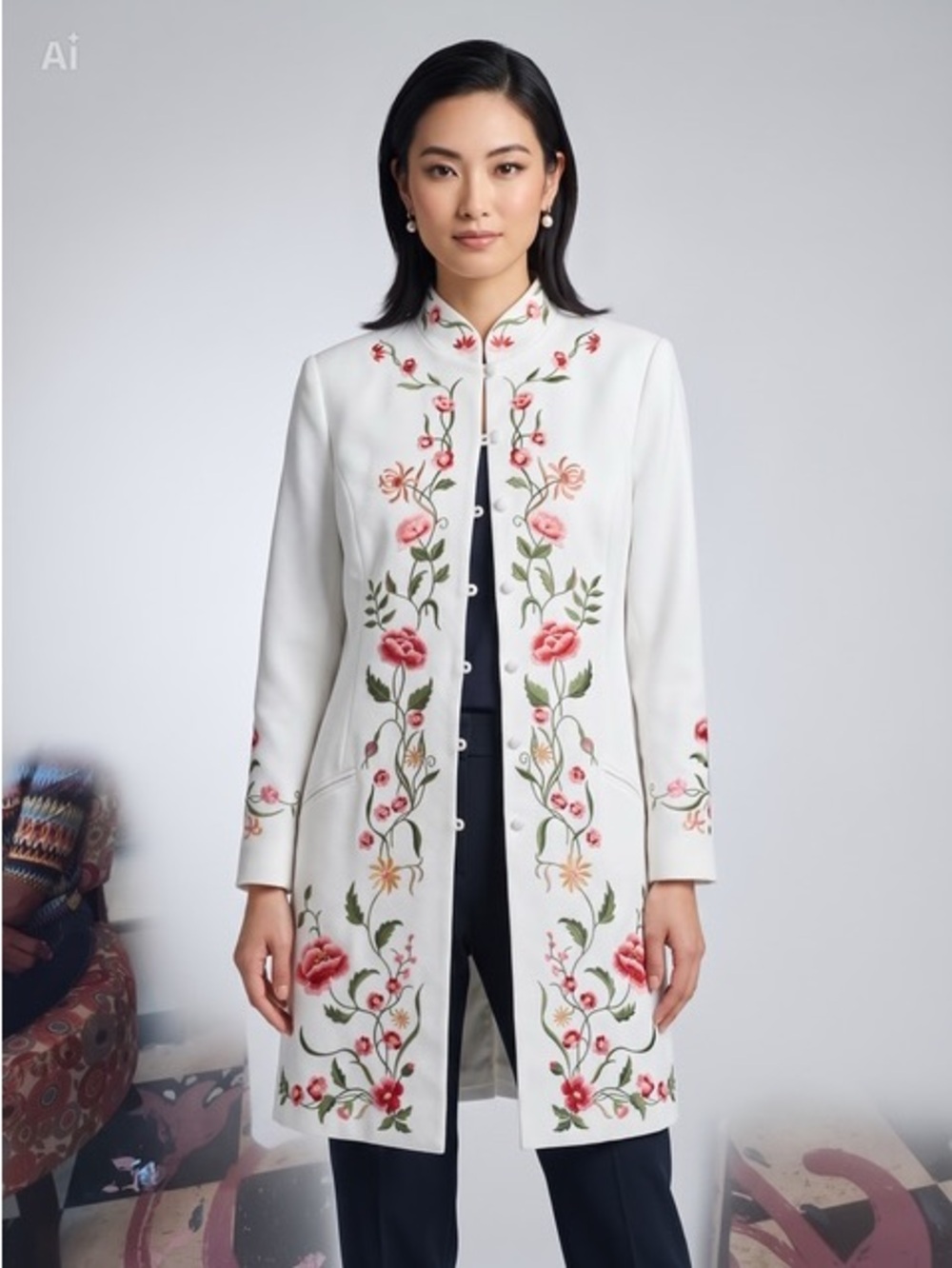 Victor Costa White Embroidered Floral Stand-Collar Coat